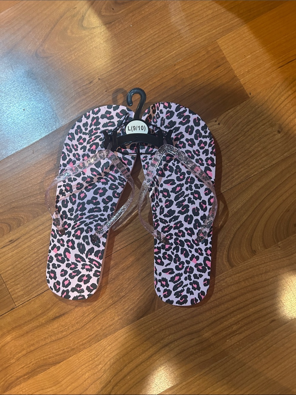 Pink Leopard Print Women's Flip Flops with Clear Straps